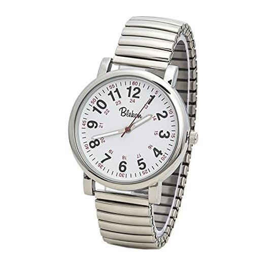 Blekon Original Nurse Watch - Silver Stretch Band, Easy Read Dial, Second Hand, Water Resistant Watch