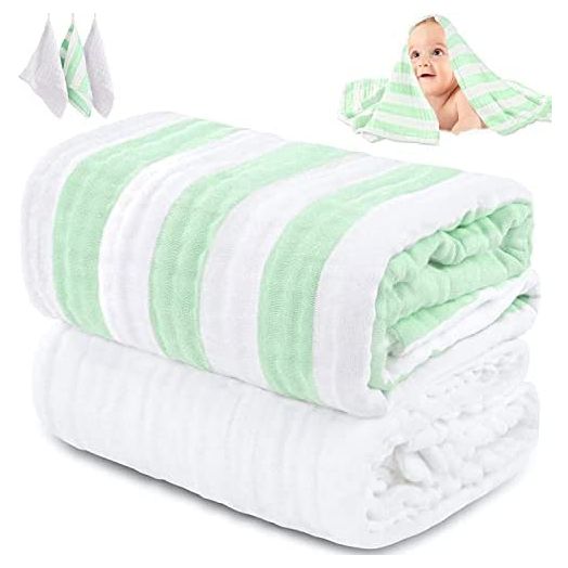 Muslin Baby Bath Towel Set, HardNok 2 Large Gauze Super Soft Baby Bath Towel and 3 Washcloths, 6 Layers 100% Cotton Infant Towel Newborn Towel Blanket Suitable for Baby's Delicate Skin(Green)