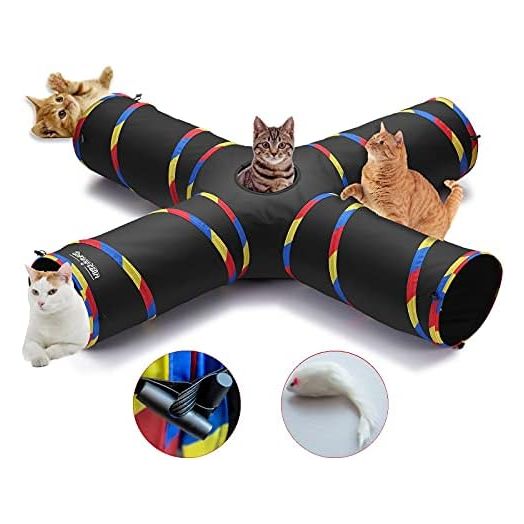 4 Way Large Cat Tunnels for Indoor Cats - 10" Diameter & 47" Long Cat Play Tunnel Toy - Cat Tube with Play Ball & Mouse Toy - Durable Interactive Peephole (Black)