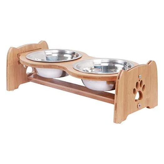 X-ZONE PET Raised Pet Bowls for Cats and Dogs, Adjustable Bamboo Elevated Dog Cat Food and Water Bowls Stand Feeder with 2 Stainless Steel Bowls and Anti Slip Feet (Height 4")
