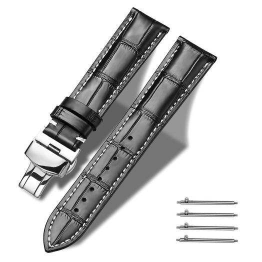 Moran Quick Release Leather Watch Bands Deployment Butterfly Buckle 18mm 20mm 22mm 24mm Blue Black Brown Calfskin Replacement Watch Strap for Men & Women