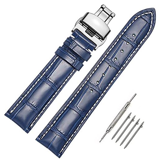 Moran Quick Release Leather Watch Bands Deployment Butterfly Buckle 18mm 20mm 22mm 24mm Blue Black Brown Calfskin Replacement Watch Strap for Men & Women