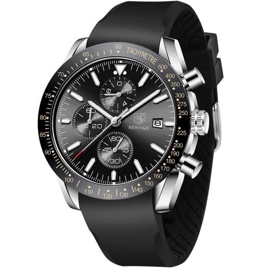 BENYAR Fashion Men's Quartz Chronograph Waterproof Silicone Watches Business Casual Sport Design Wrist Watch for Men Perfect for Father Son Black Blue Rose Gold