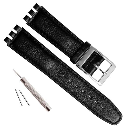 OliBoPo Alligator Grain Cow Leather Stainless Steel Buckle Watch Band Strap for Swatch (17mm, Black Stitch/Black)