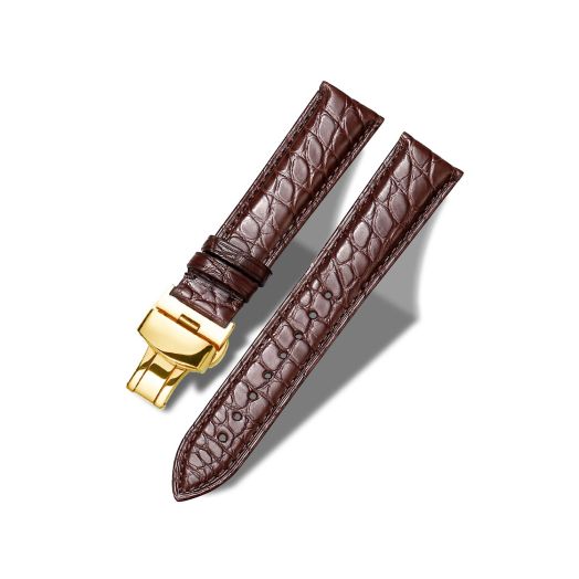 Moran Alligator Leather Watch Band Replacement Deployment Butterfly Buckle 18mm 19mm 20mm 21mm 22mm 23mm 24mm Crocodile Watch strap for Men and Women (Alligator Brown-Gold Buckle, 20mm)