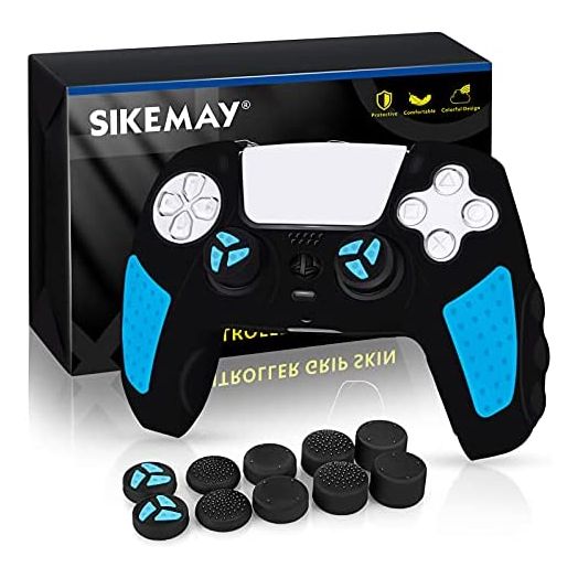 SIKEMAY PS5 Controller Cover Skin, Anti-Slip Thicken Silicone Protective Cover Case Perfectly Compatible with Playstation 5 Dualsense Controller Grip with 10 x Thumb Grip Caps (Black-Blue)