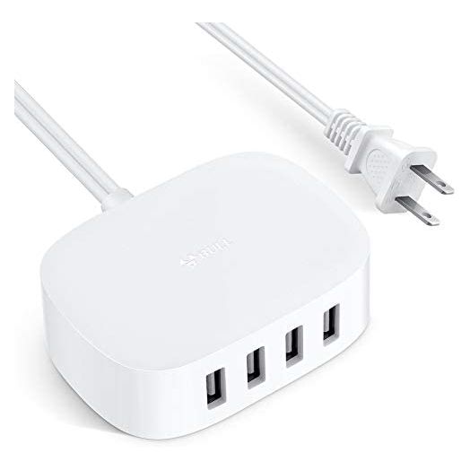USB Charger Station, BULL USB Charging Station with 4 Port, Desktop USB Charging Station for Multiple Devices with Auto-Detecting USB Ports (UL Listed, 6Ft Extension Cord, White)
