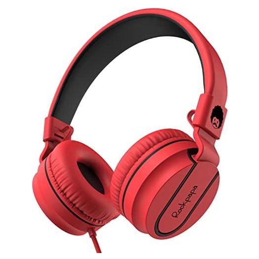 Rockpapa 950 Foldable Kids Headphones with Microphone, Lightweight Boys Girls On-Ear Headphones Wired 3.5mm for School Phone Tablet Laptop Travel Black Red