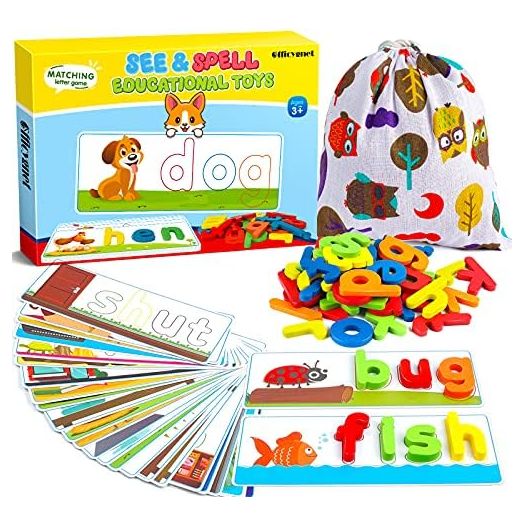 Officygnet See & Spell Learning Educational Toys and Gift for 3 4 5 6 Years Old Boys and Girls - Matching Letter Game for Preschool Kids - 80 Pcs of CVC Word Builders for Toddler Learning Activities