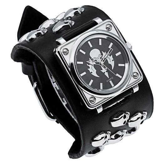 Good Leather Punk Skull Quartz Men's Square Wrist Watch,Big Dial Skull Women's Watch,Silver Skull Elements,Fashion Gift Watch Cool Rock Watch