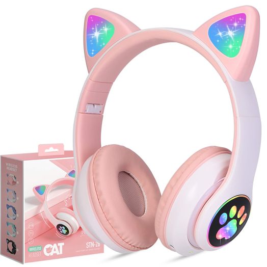 Kids Wireless Headphones Cat Ear LED Light Up Bluetooth Foldable Headphones Over Ear w/Microphone for Online Distant Learning (Pink)