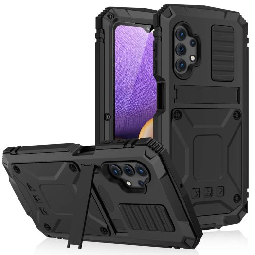 Compatible for Samsung Galaxy A32 5G Case, Aluminum Metal Gorilla Glass Waterproof Shockproof Heavy Duty Sturdy Protector Cover,with Built-in Foldable Kickstand Black