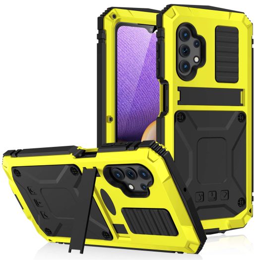 Compatible for Samsung Galaxy A32 5G Case, Aluminum Metal Gorilla Glass Waterproof Shockproof Heavy Duty Sturdy Protector Cover,with Built-in Foldable Kickstand Yellow