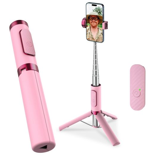 Selfie Stick Tripod, Foldable Cellphone Tripod with Remote for Group Selfies/Live Streaming/Video Recording, for iPhone Series Android, Pink