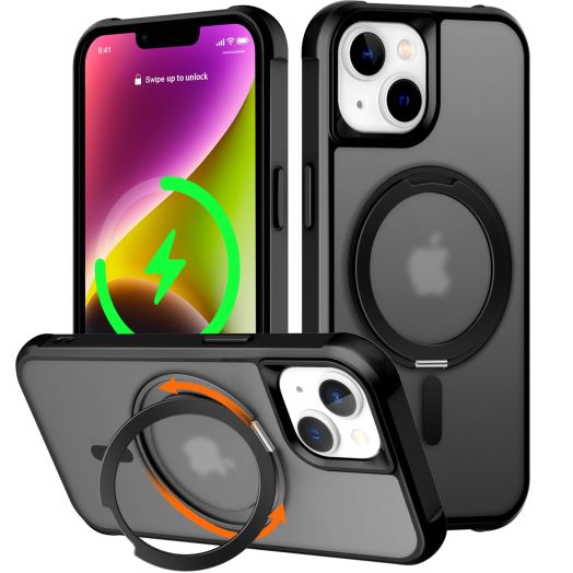 UMIONE 360° Rotatable Magnetic Ring Design for iPhone 14, Built-in Invisible Loop Stand, Compatible with Magsafe, Translucent Ultra Slim Military Grade Shockproof Case - Black