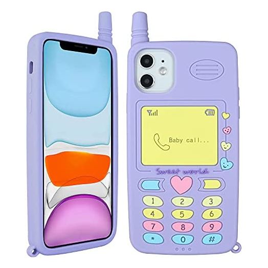 Liettamgeo for iPhone 11 6.1 Inch Case(2019), iPhone 11 3D Cartoon Case, Cute Shockproof Soft Silicone Rubber Back Cover Retro Classic Cellular Phone Shaped Case for Kids Girls Women(Purple)