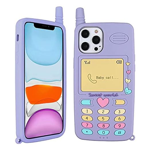 Liettamgeo for iPhone 12 Pro Max Case(6.7 Inch 2020 Release), 3D Cartoon Case, Cute Shockproof Soft Silicone Rubber Back Cover Retro Classic Cellular Phone Shaped Case for Kids Girls Women (Purple)
