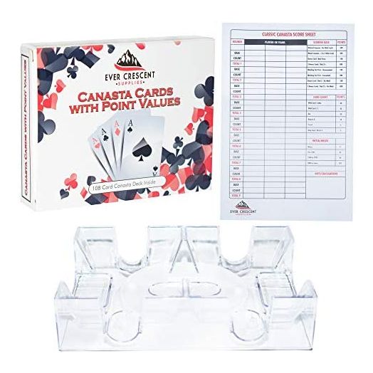 Ever Crescent Supplies Canasta Cards with Point Values, Tray and Score Pads Set. Includes 2 Deck of Cards, Revolving Holder, and 50 Scoring Sheets.