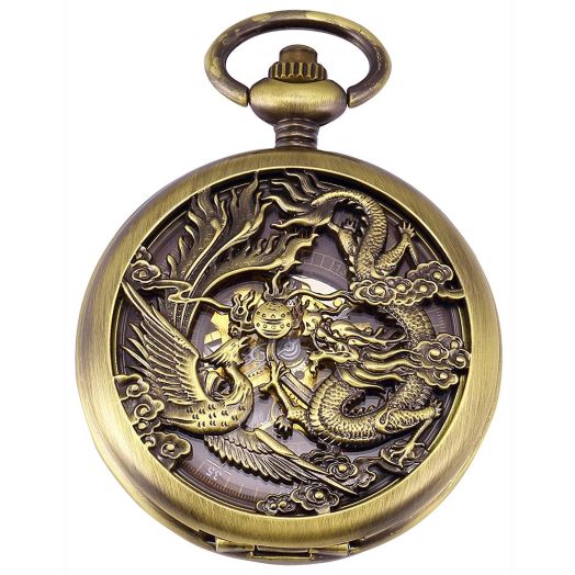 Carrie Hughes Antique Mechanical Pocket Watches for Men Lucky Dragon Phoenix Skeleton Roman Numberals with Chain and Box CH223