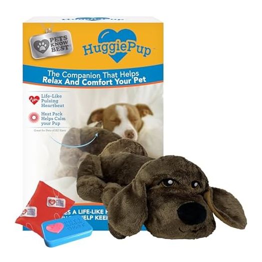 Pets Know Best presents HuggiePup - Cuddly Puppy Behavioral Aid Toy, Great for Crate Training- Pulsing Heartbeat, Heating Pack- Chocolate Dog