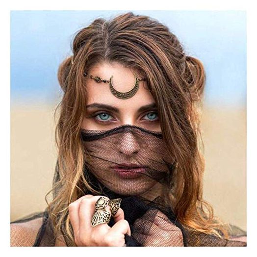 Aimimier Viking Crystal Head Chain Moon Head Chain Halloween Circlet Headpiece Crescent Moon Forehead Chain