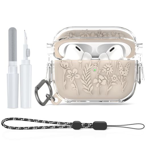 for Airpods Pro 2nd/1st Generation Case with Lock, Floral Flower Engraved Airpod Pro 1&2 Protective Cover with Cleaner Kit&Keychain&Lanyard for AirPods Pro 2nd/1st Gen (Off White)