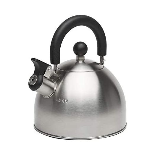 Primula Stewart Whistling Stovetop Tea Kettle Food Grade Stainless Steel, Hot Water Fast to Boil, Cool Touch Folding, 1.5-Quart, Brushed with Black Handle