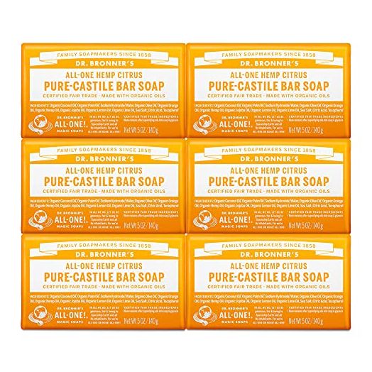 Dr. Bronner’s - Pure-Castile Bar Soap (Citrus, 5 ounce, 6-Pack) - Made with Organic Oils, For Face, Body and Hair, Gentle and Moisturizing, Biodegradable, Vegan, Cruelty-free, Non-GMO