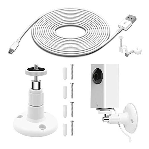 Wall Mount for Wyze Cam Pan Security Camera with 26FT Charging Cable, for Wyze Cam Pan v2 Mounting Kit Including Charging and Data Sync Cord, 360 Degree Adjustable Ceiling Mount, and 30 Wire Clips