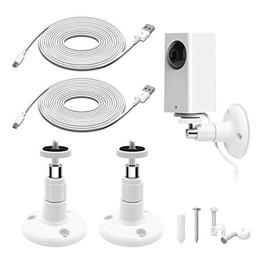 2 Pack Wall Mount for Wyze Cam Pan Security Camera with 16.4FT Charging Cable, for Wyze Cam Pan v2 Mounting Kit Including Charging Cord, 360 Degree Adjustable Ceiling Mount and 30 Wire Clips