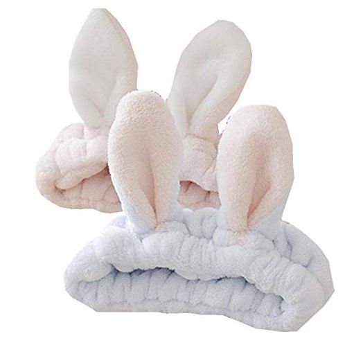 Women Fashion Soft Flannel Bunny Ear Makeup Cosmetic Shower Elastic Headband 2Pcs