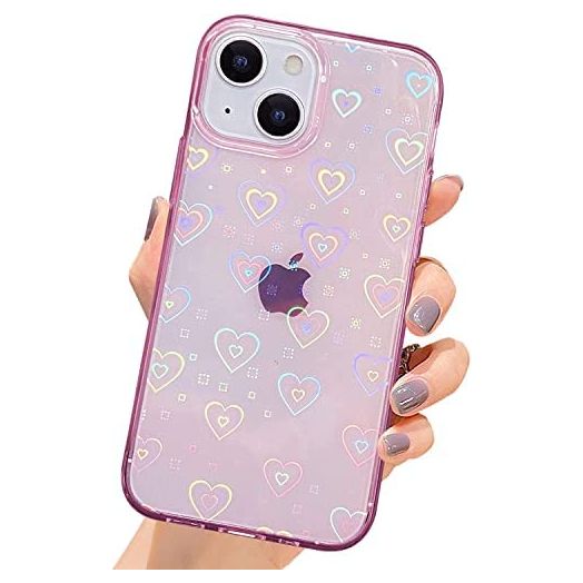 SmoBea Compatible with iPhone 13 Case, Holographic Laser Bling Heart Purple Soft & Flexible TPU and Hard PC Shockproof Cover Women Girls Heart Pattern Phone Case (Heart/Clear)