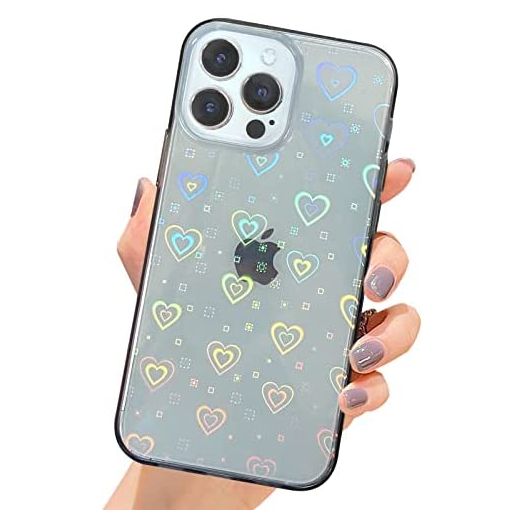 SmoBea Compatible with iPhone 13 Pro Case, Holographic Laser Bling Heart Purple Soft & Flexible TPU and Hard PC Shockproof Cover Women Girls Heart Pattern Phone Case (Heart/Clear)