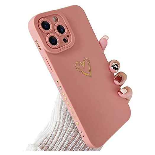 SmoBea Compatible with iPhone 12 Pro Max Case Gold Heart Pattern Soft Liquid Silicone Shockproof Case for Women Girls Side Cute Plated Heart Pattern Slim Phone Case (Pink)
