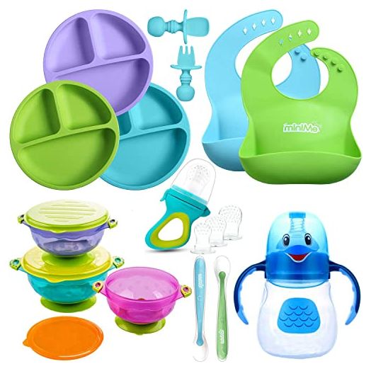 Lovely Minime Baby Feeding Set, Silicone Plates Bibs Spoons, Baby Led Weaning Supplies, Toddler Eating Utensils Dish Set, Suction Bowls, Sippy Cup, Food Pacifier Feeder, Baby Stuff