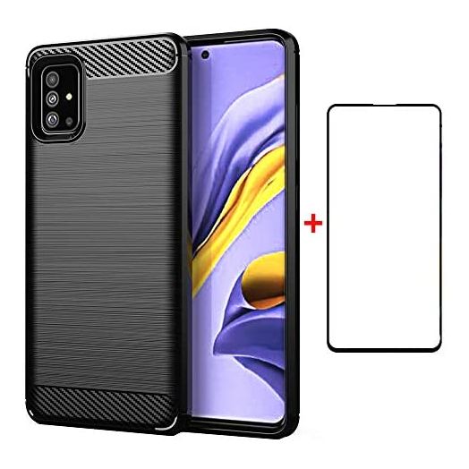 Asuwish Compatible with Samsung Galaxy A51 4G Case and Tempered Glass Screen Protector Cover Cell Accessories Soft TPU Silicone Phone Cases for Glaxay A 51 Gaxaly M40S 51A A515F S51 Carbon Fiber Black