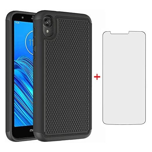 Phone Case for Motorola Moto E6 with Tempered Glass Screen Protector Cover and Cell Accessories Hard Hybrid Slim Rugged Silicone Rubber MotoE6 E 6th Generation Gen Moto6E 6 6E XT2005-5 Cases Men Black