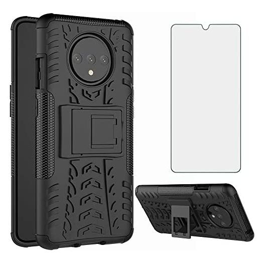 Phone Case for OnePlus 7T with Tempered Glass Screen Protector Cover Stand Kickstand Hard Rugged Hybrid Protective Cell Accessories OnePlus7t 5G One Plus7T 1 Plus T7 1plus + 1+ 1+7T Cases Men Black