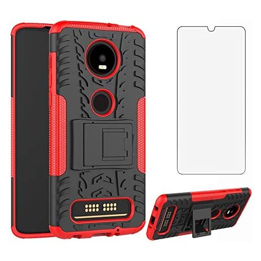 Phone Case for Moto Z4/Moto Z 4 Play/MotoZ4 Force with Tempered Glass Screen Protector Cover and Hard Rugged Hybrid Cell Accessories Motorola 4Z Motoz4cases MotoZ4Play XT1980-4 2019 Cases Black Red