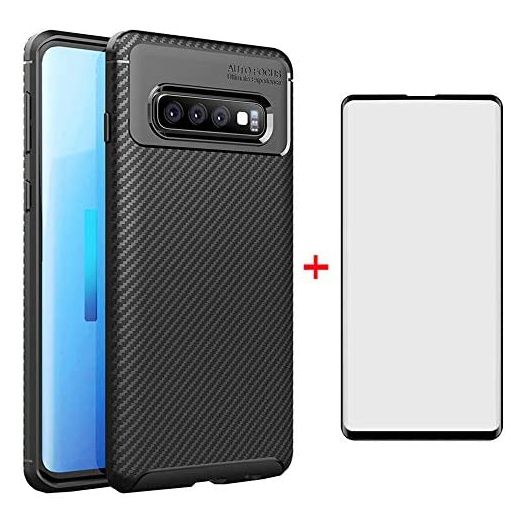 Phone Case for Samsung Galaxy S10 Plus with Tempered Glass Screen Protector Cover and Cell Accessories Slim Thin Soft TPU Silicone Rubber Glaxay S10+ Galaxies S10plus 10S Edge S 10 10plus Cases Black