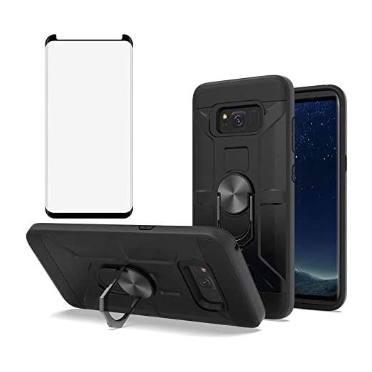 Phone Case for Samsung Galaxy S8 Plus with Tempered Glass Screen Protector Cover and Magnetic Ring Holder Kickstand Slim Hard Cell Accessories Glaxay S8plus S 8 8plus 8S Edge S8+ SM-G955U Cases Black