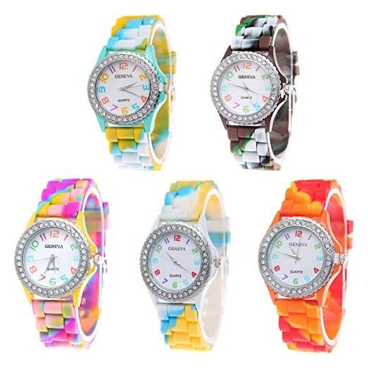 CdyBox 5 Pack Rhinestone Colorful Silicone Jelly Wristwatches for Women Girls Wholesale Watch Set