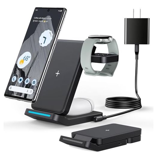 3 in 1 Foldable Wireless Charger Only for Google Pixel Watch 2, Wireless Charging Stand for Google Pixel 8 Pro/8a/8/7 Pro/7a/7/6/Pro and Pixel Buds Pro, Charging Station with QC 18W Adapter, Black