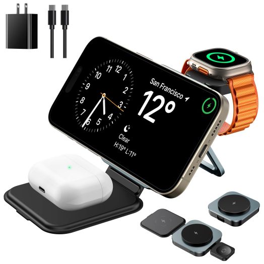 3 in 1 Foldable Magnetic Wireless Charger with Aluminum Alloy Stand, Mag Safe Charging Station with PD 20W USB-C Adapter, for iPhone 15 14 13 12 Series, Apple Watch and AirPods, Black