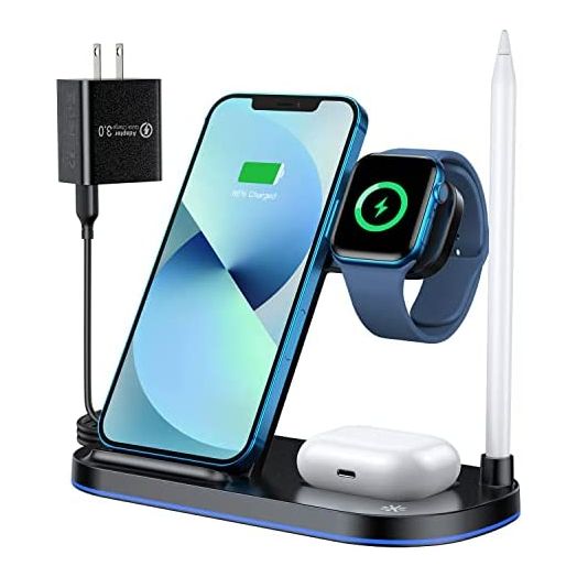 HERRBOL Wireless Charging Station 4 in 1,15W Fast Wireless Charger for iPhone 13/12/11/Pro/Max/XS/Max/XR/XS/X/8,Charging Dock Compatible with iWatch SE 7 6 5 4 3 2,AirPods Pro/3/2 and Pencil 1(Black)
