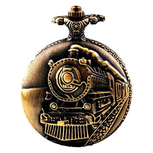 Picvadee Unisex Antique Case Vintage Brass Rib Chain Quartz Pocket Watch Train NT004