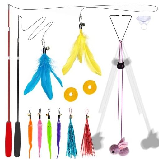 Cat Toys for Indoor Cats,2PCS Retractable Cat Wand Toys ,10PCS Teaser Refills&1PCS Hanging Door Self-Play Cat Toy,Interactive Feather Toy for Teaser Play and Chase Exercise with Kitten
