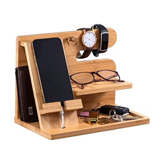 Wood Phone Docking Station for Men Gifts for Dad Wooden Docking Station Organizer Nightstand Organizer for Men Graduation Anniversary Birthday Gifts for Men Husband Bamboo Universal Docking Station