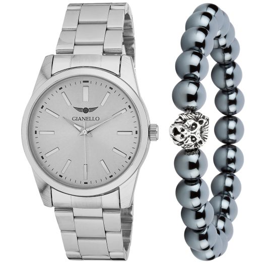 Gianello Men's Watch and Jewelry Sets Watch + Bracelet Combo Watches for Men Luxury Wristwatch Gifts for Dad Boyfriend (Silver Link Watch with Steel Lion Bracelet)