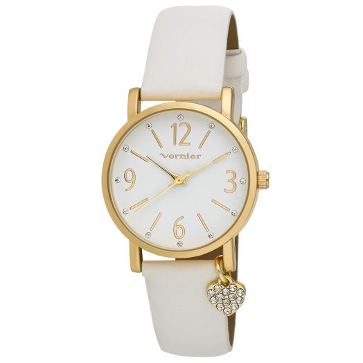 Vernier Women's Heart Charm Vegan Leather Strap Watch (VNR11611) (White)
